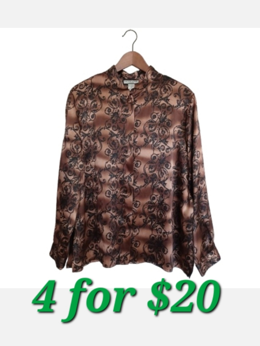 NOTATIONS Woman 18W Elegant Brown Black Floral Blouse Button Front Dressy Top